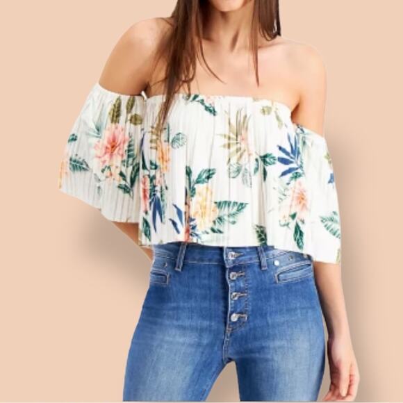Guess Tops - Off Shoulder Pleated Top Sz L Guess Hanalei Blooms